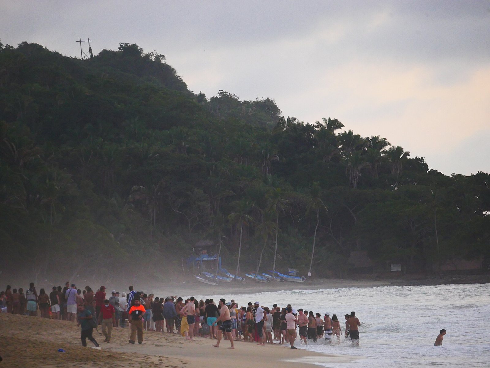 A large crowd lined up along the water's edge on San Pancho beach at dusk, below a palm-covered hill with fishing boats on the sand