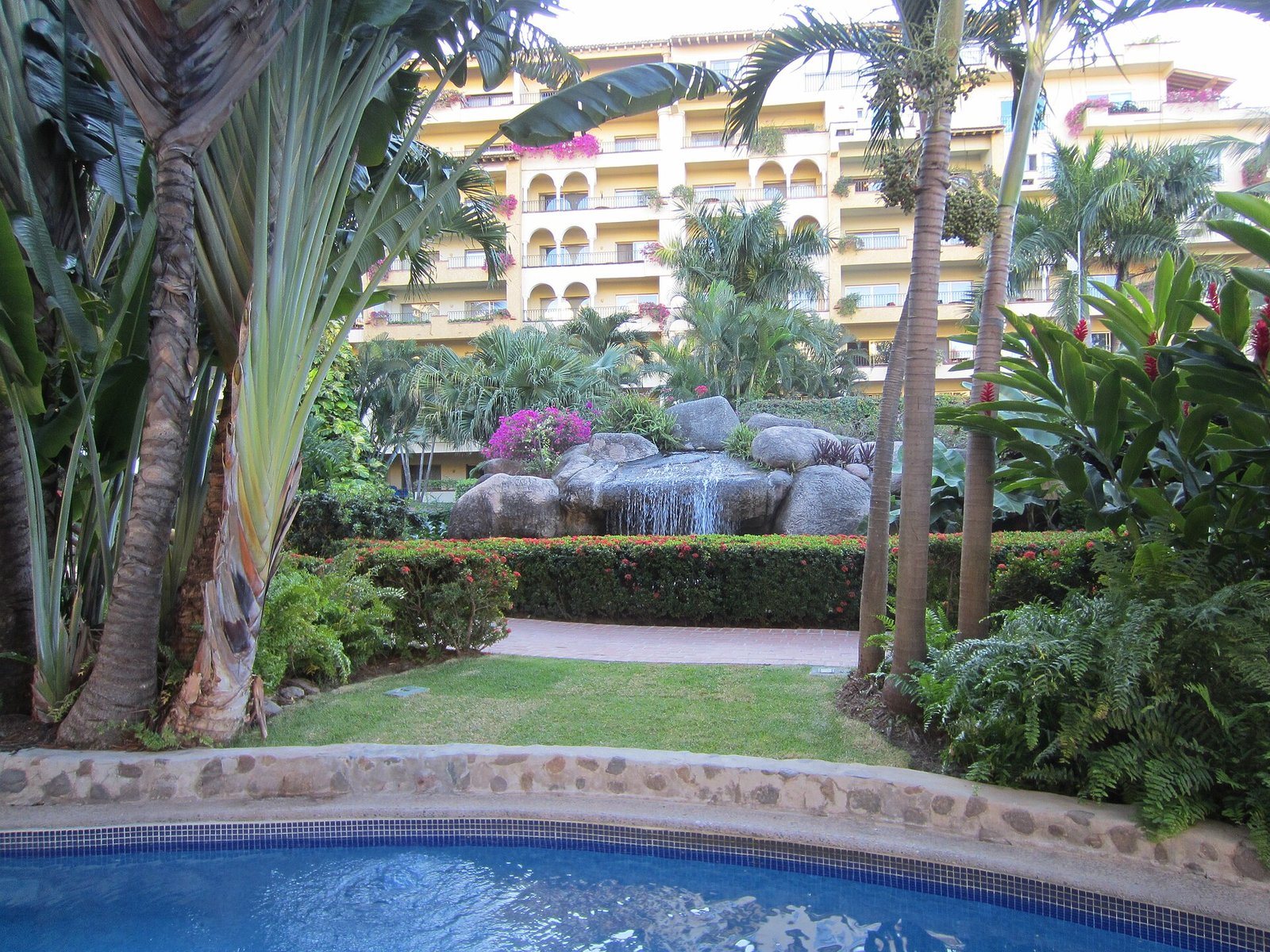 Tropical garden with palm trees, rocks and a small waterfall next to a pool, with the hotel building behind